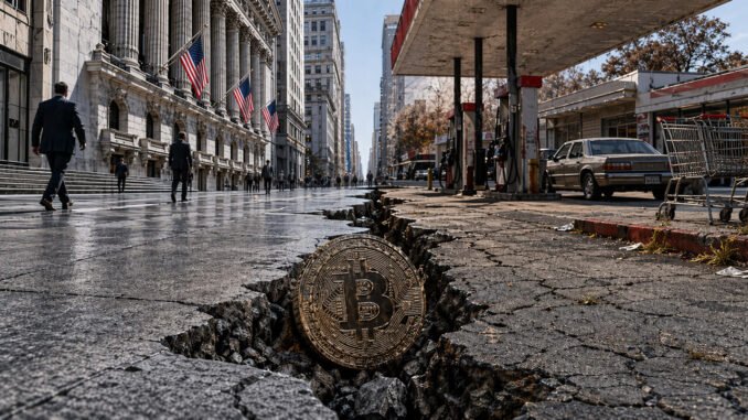 Bitcoin coin lodged in a deep crack between Wall Street and a rundown gas station street, symbolizing fragile markets as record highs clash with collapsing consumer confidence