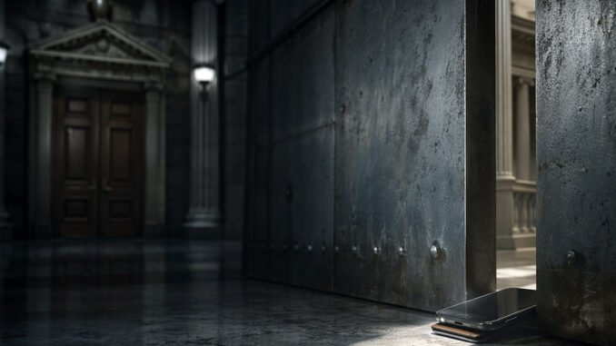 Why the SEC just gave self custody crypto apps 5 Smartphone propping open a heavy government-style door in a grand hall, symbolizing the SEC creating a narrow path for on-chain securities apps without waiting for Congress