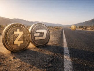 Zcash and Dash coins ahead of bitcoin on an open road, symbolizing privacy coins outperforming Bitcoin after the Iran ceasefire rally