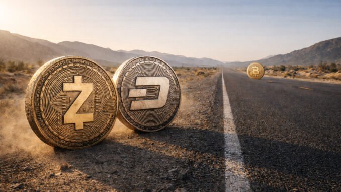 Zcash beats Bitcoin by 46% as privacy coins decouple during Zcash and Dash coins ahead of bitcoin on an open road, symbolizing privacy coins outperforming Bitcoin after the Iran ceasefire rally
